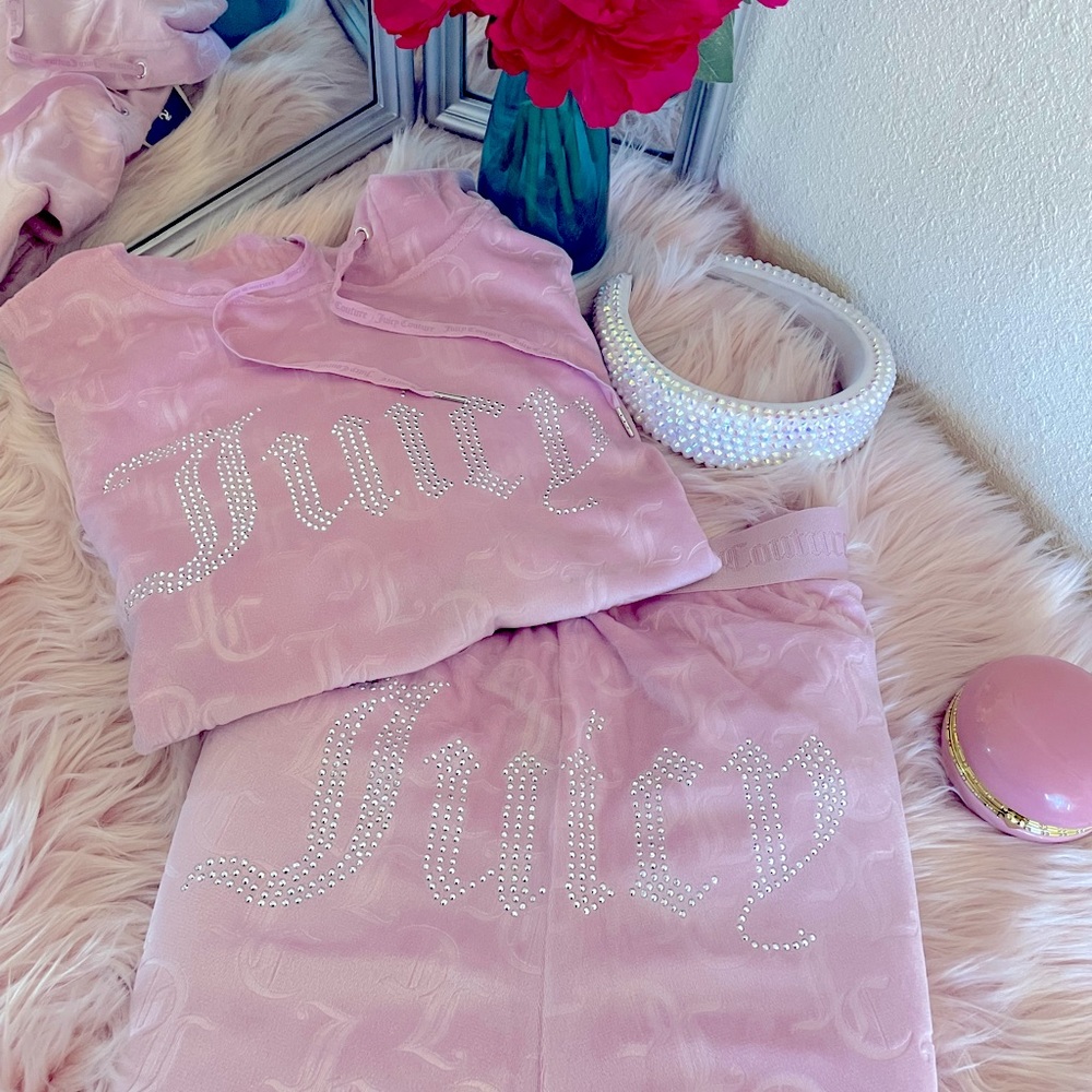 Juicy Couture Jogger Pant & Hoodie Loungewear Pink with Rhinestones